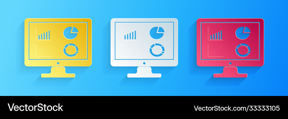 Paper cut computer monitor with graph chart icon Paper cut computer monitor with graph chart icon vector image