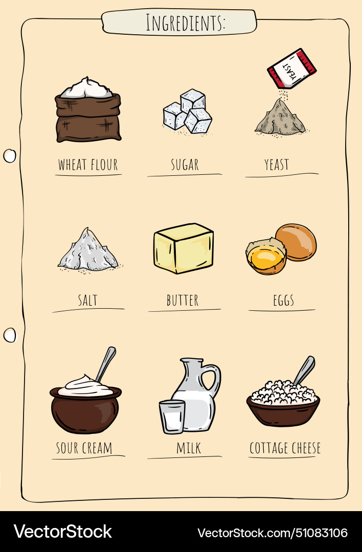 Cookbook page with images and names of ingredients Cookbook page with images and names of ingredients Vector Image