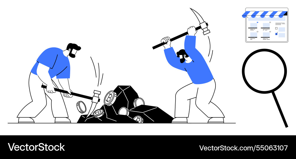 Teamwork in mining and researching with magnifying Vector Image