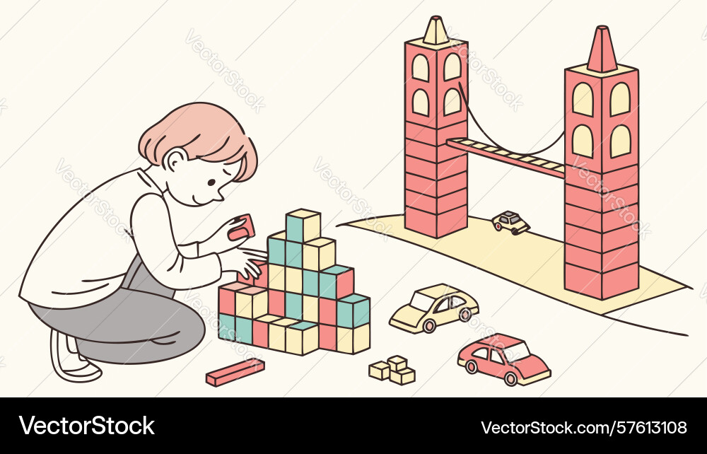 Child building a block tower and bridge vector image