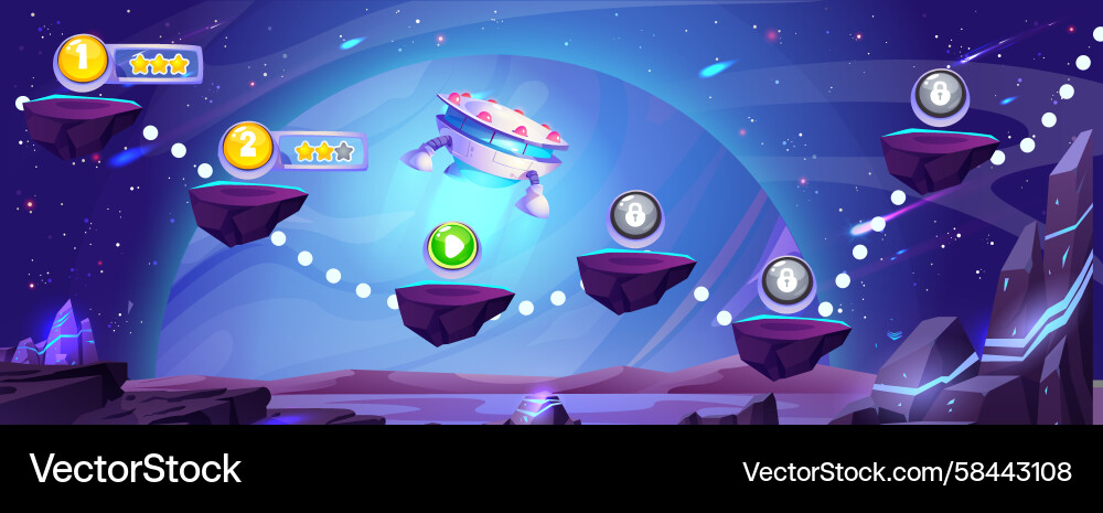 Space travel game map with floating platforms Space travel game map with floating platforms Vector Image