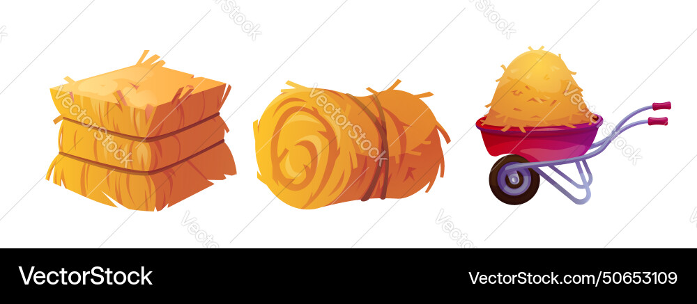 Hay stack in block roll and on red wheelbarrow Hay stack in block roll and on red wheelbarrow vector image