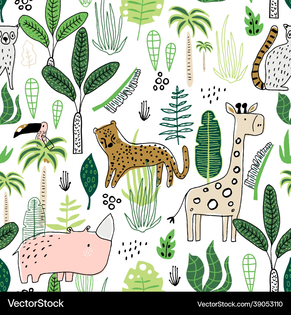 Childish Jungle Pattern with Leopard Vector Image