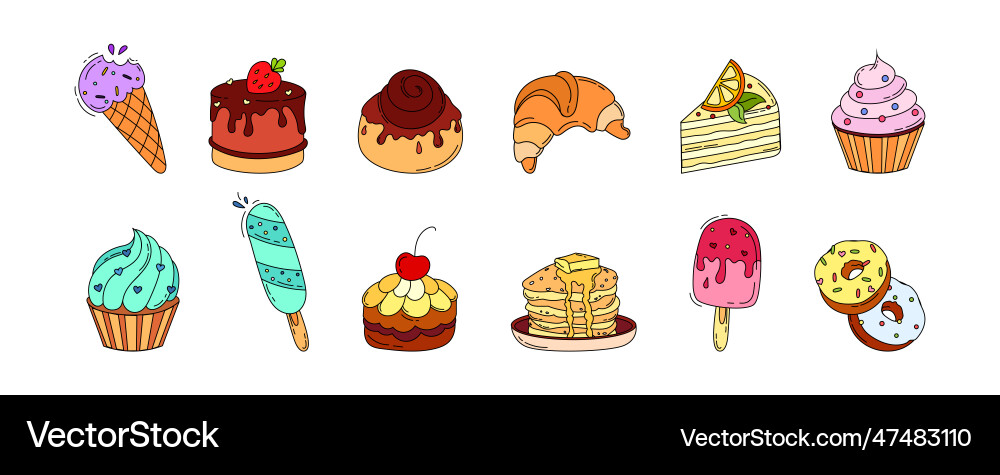 Desserts ice cream and cakes set doodle color Desserts ice cream and cakes set doodle color vector image
