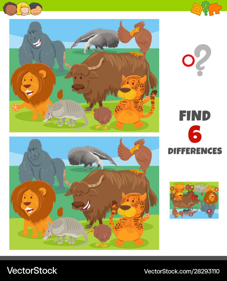 Differences game with wild animal characters group vector image