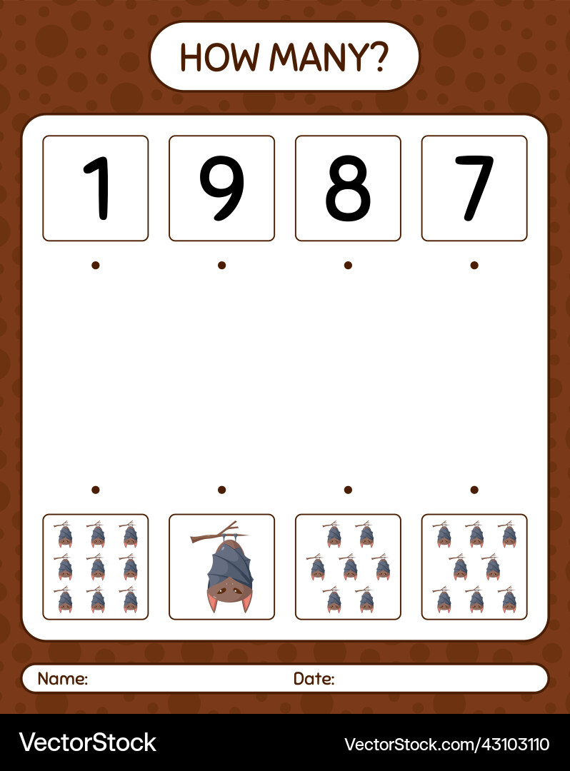 How many counting game with bat worksheet vector image