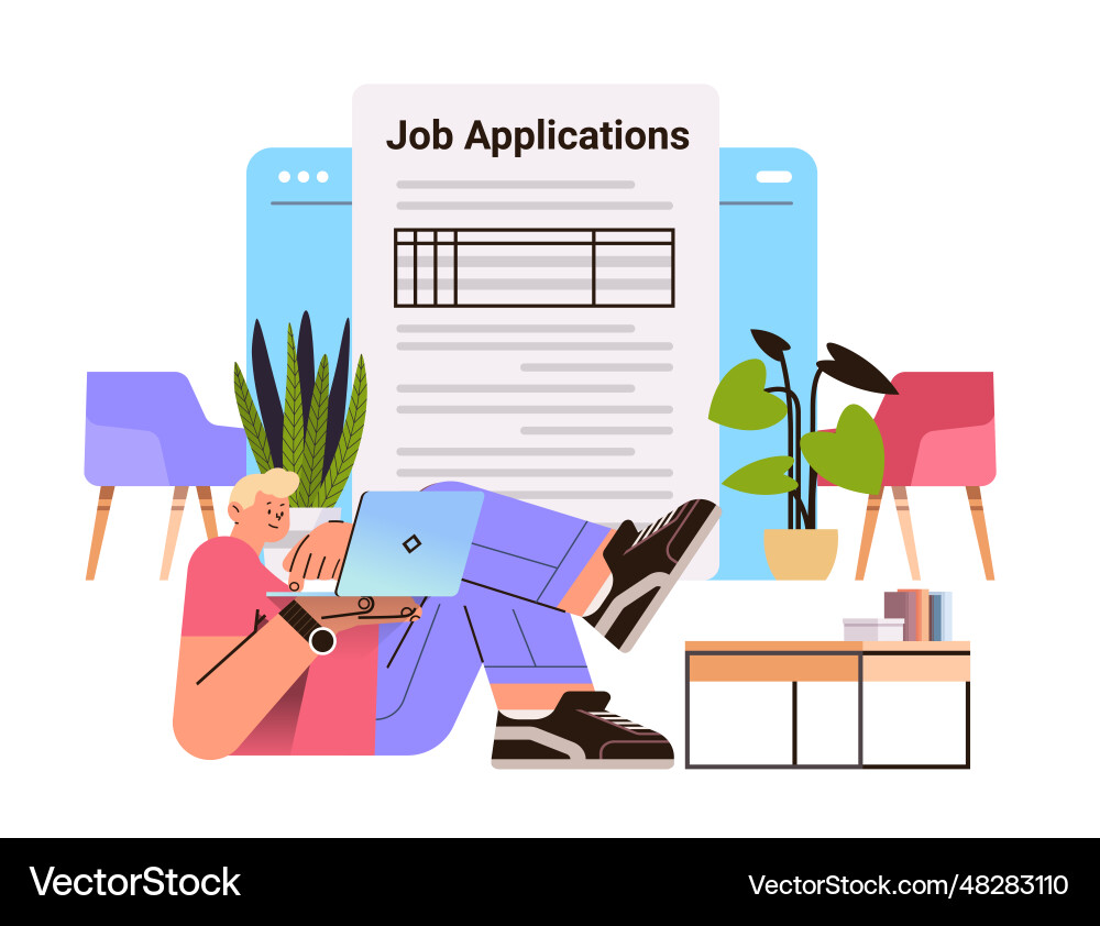 Man applying for job applicant filling up online Man applying for job applicant filling up online vector image