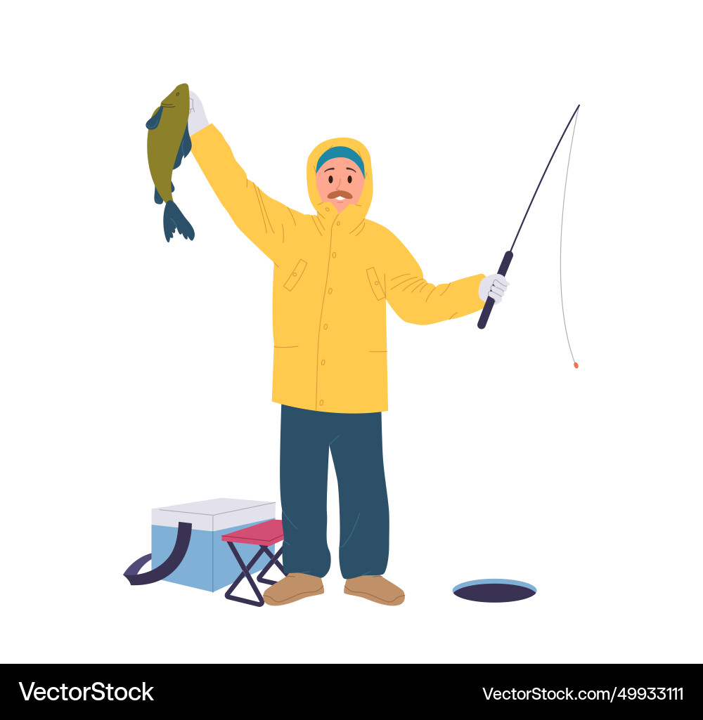 Happy satisfied fisherman character holding big Happy satisfied fisherman character holding big vector image