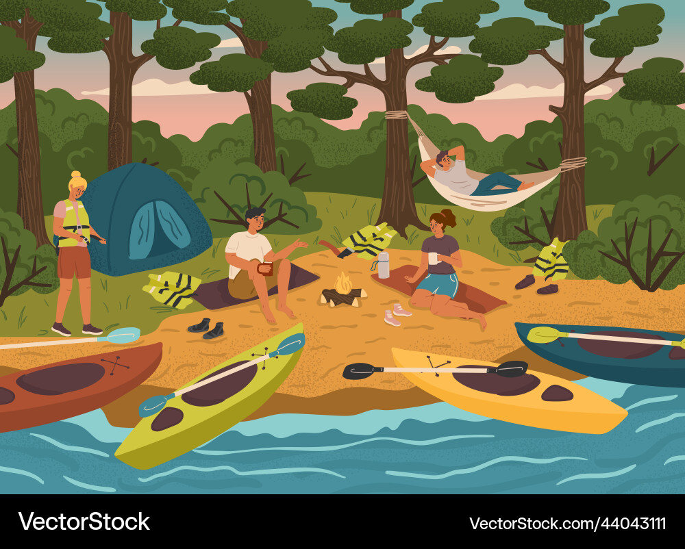 People camping on a river and sitting around fire vector image