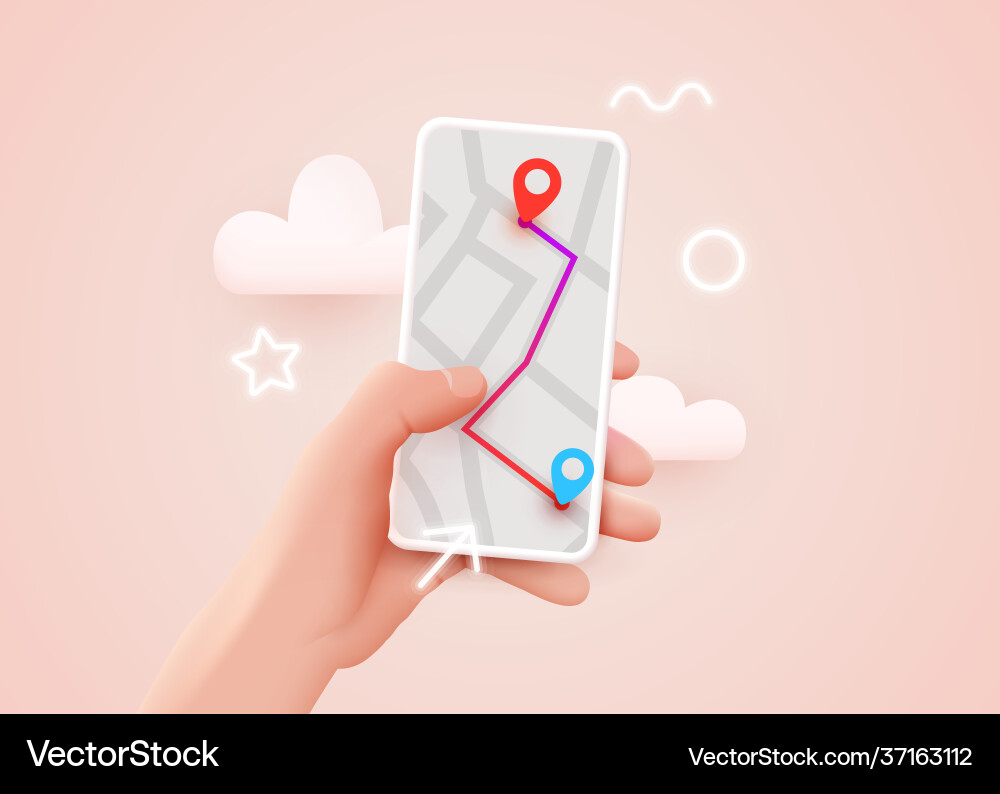 Hand holding phone with map and pointer mobile Hand holding phone with map and pointer mobile Vector Image