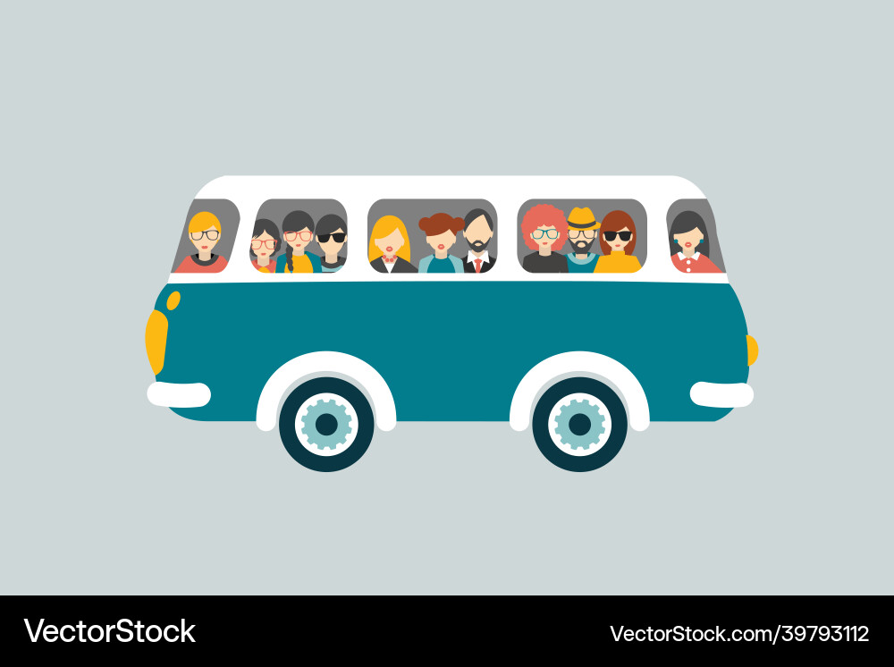 Retro Bus with Passengers - Flat Vector vector image