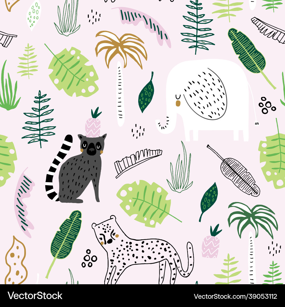 Seamless childish jungle pattern with leopard Seamless childish jungle pattern with leopard vector image