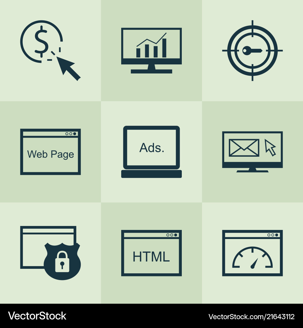 Seo icons set with html code pay per click Seo icons set with html code pay per click vector image