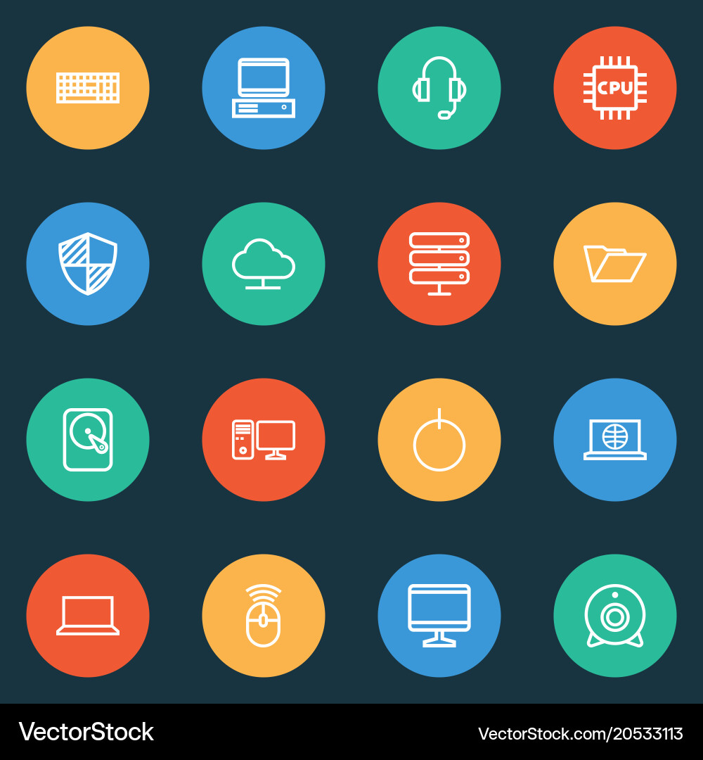 Computer icons line style set with pc server vector image