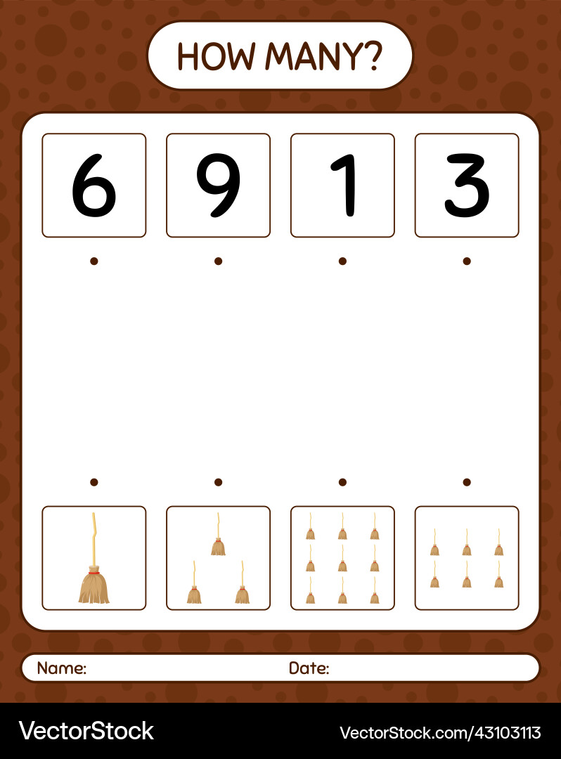 How many counting game with broom worksheet Vector Image
