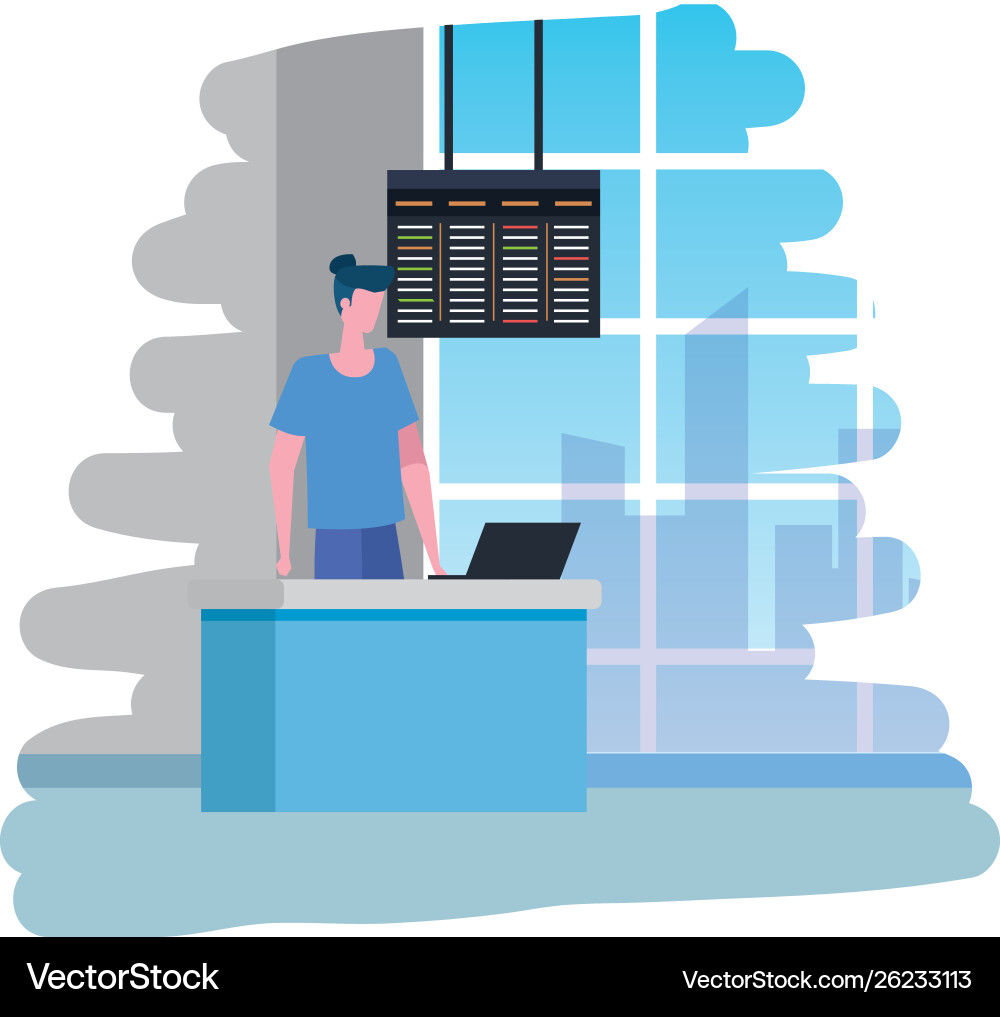 Man working in airport with computer scene Man working in airport with computer scene Vector Image