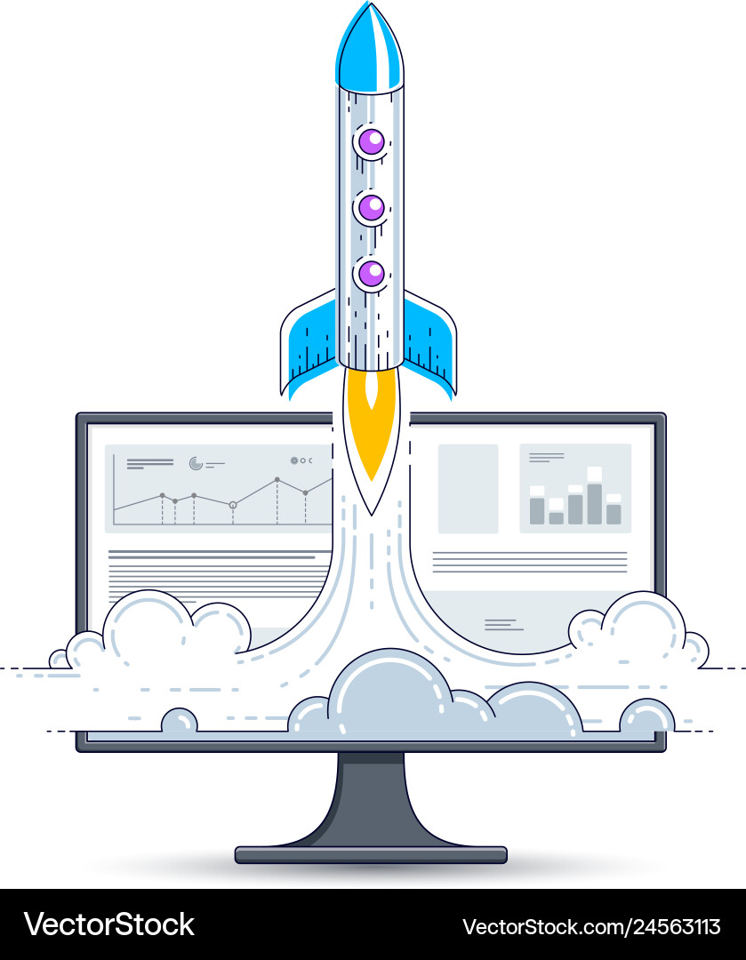Startup rocket take off over computer monitor Startup rocket take off over computer monitor vector image