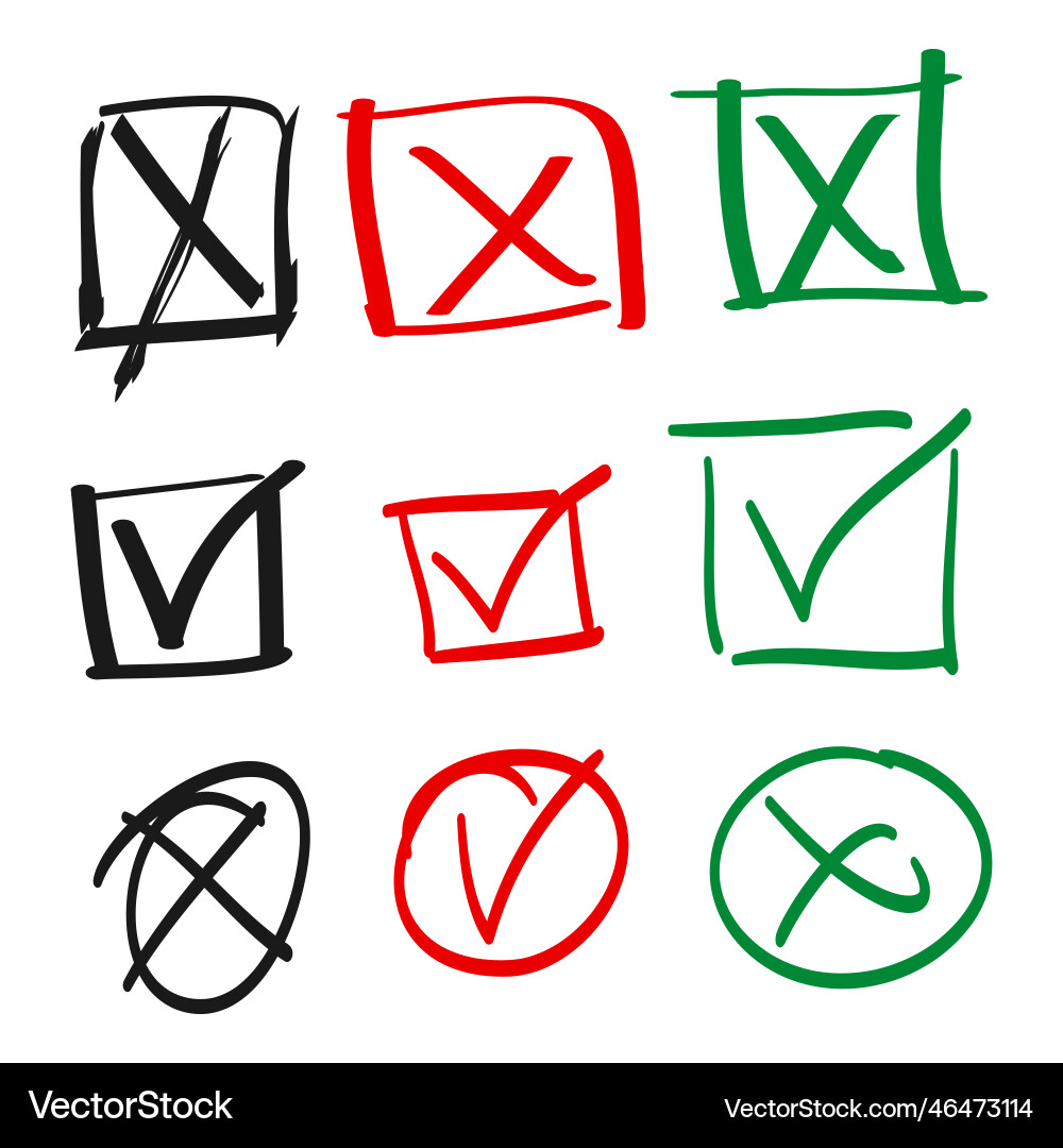 Doodle check mark and cross icon set tick Vector Image