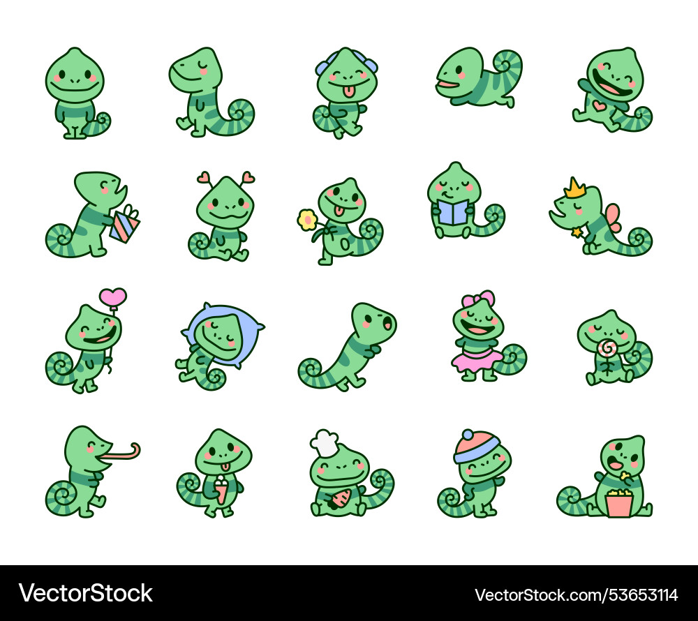 Kawaii cartoon chameleon funny animal character Kawaii cartoon chameleon funny animal character Vector Image