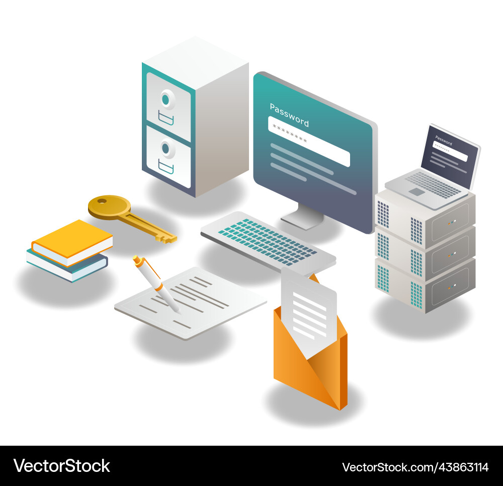 Vault and computer security with password lock Vault and computer security with password lock vector image