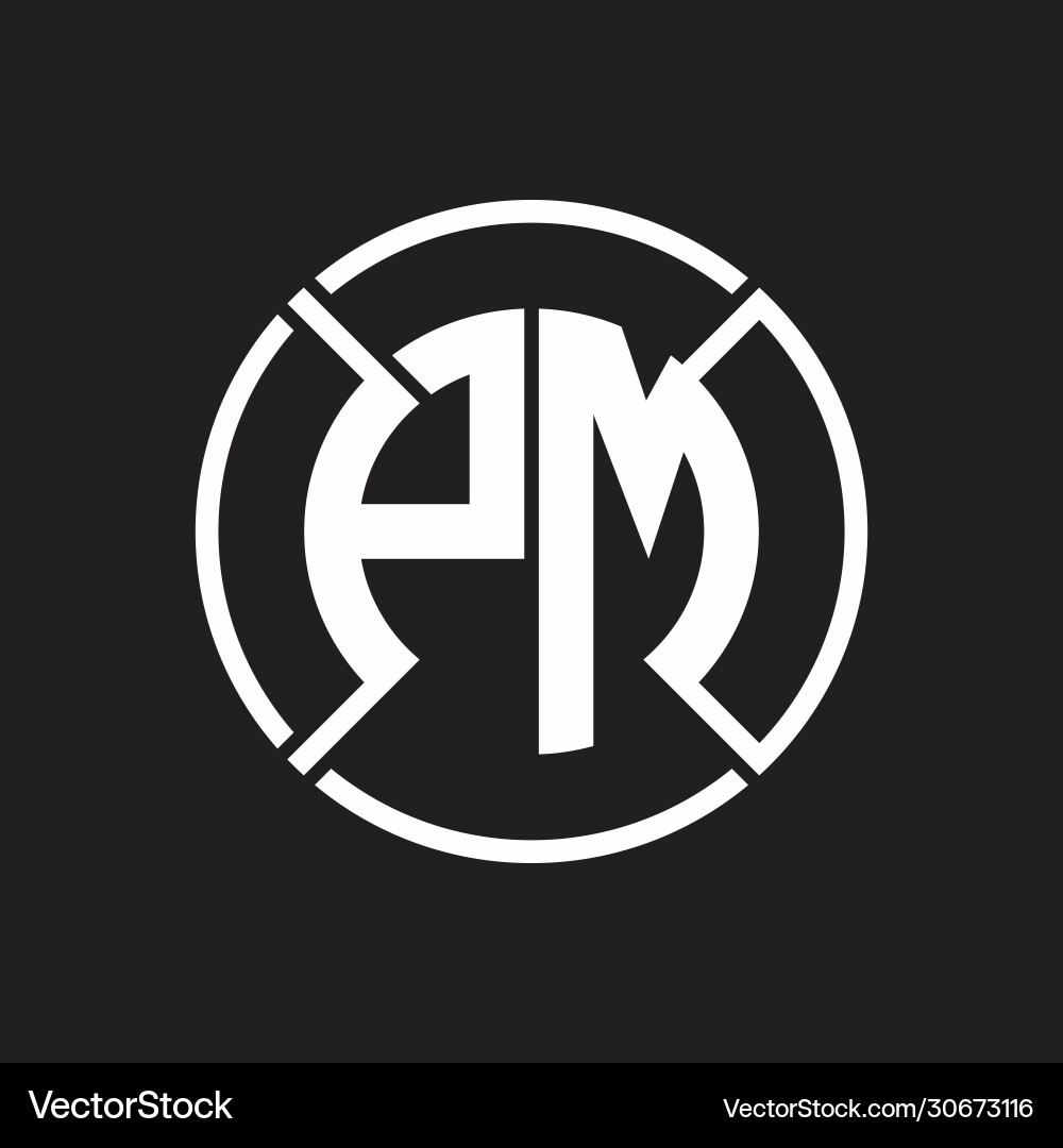 Pm logo monogram with four part circle slash vector image