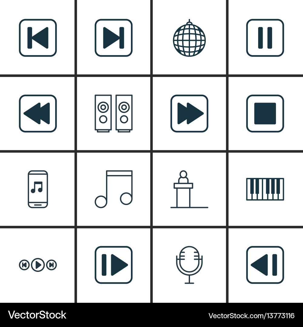Set of 16 audio icons includes skip song rewind Set of 16 audio icons includes skip song rewind vector image