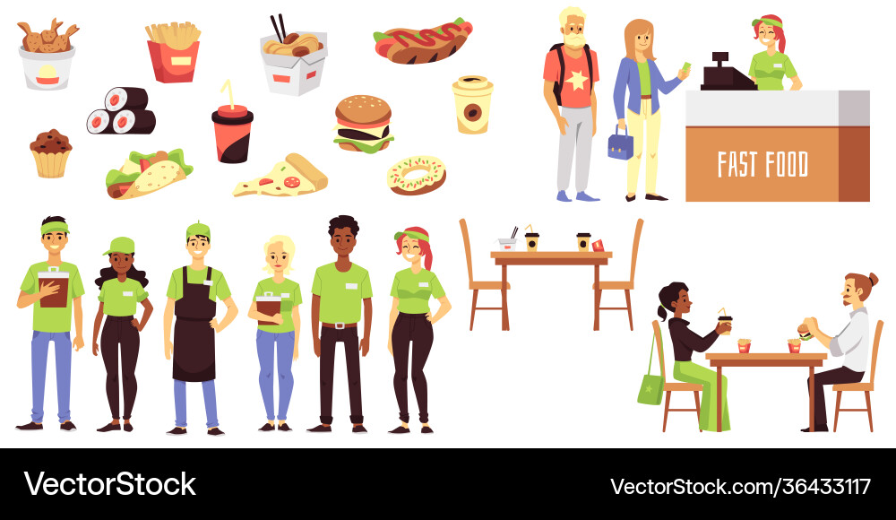 Schnelle Essen Café Symbole und Figuren flach Schnelle Essen Café Symbole und Figuren flach vektorbild