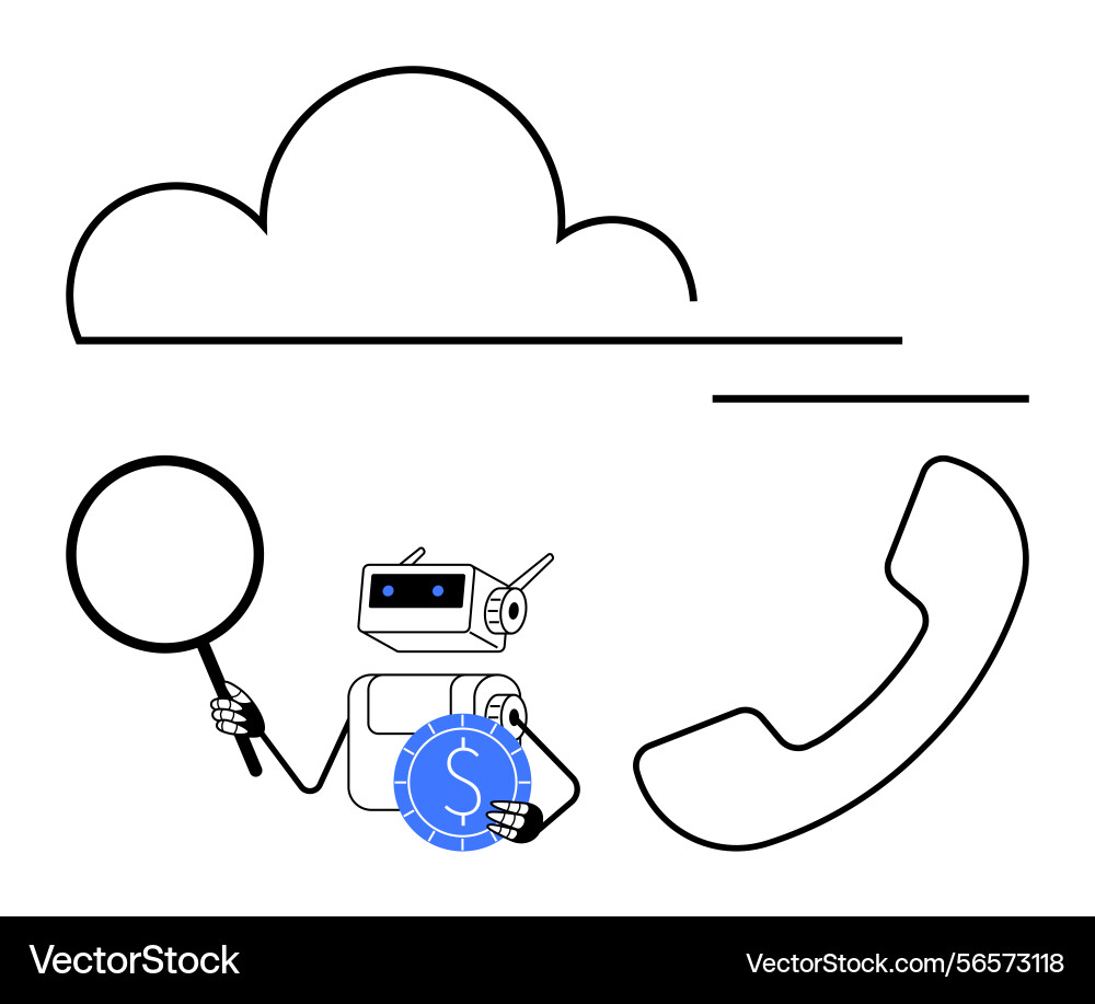 Robot analyzing cloud data with magnifying glass Robot analyzing cloud data with magnifying glass vector image