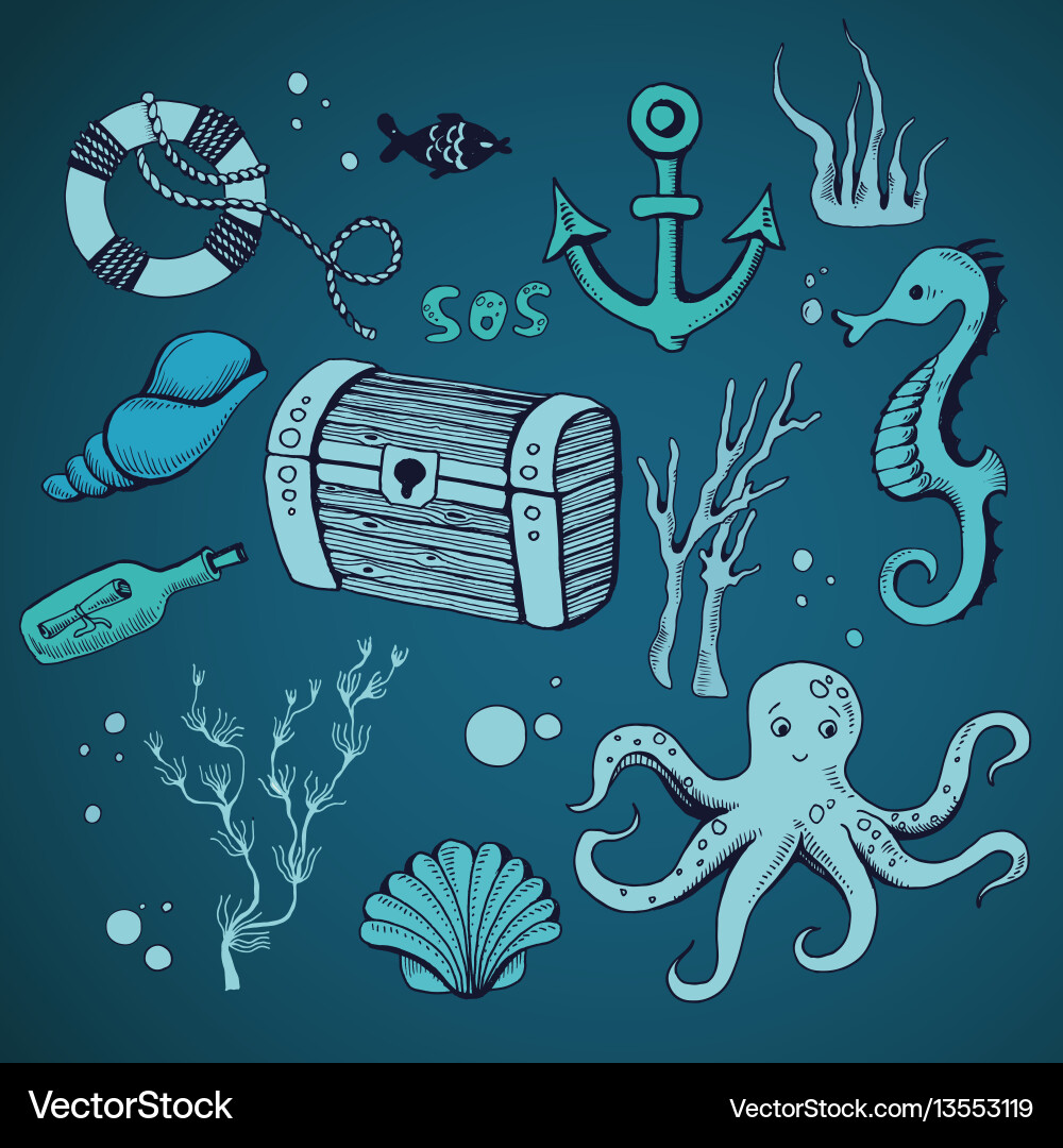 Cute sea objects collection Vector Image