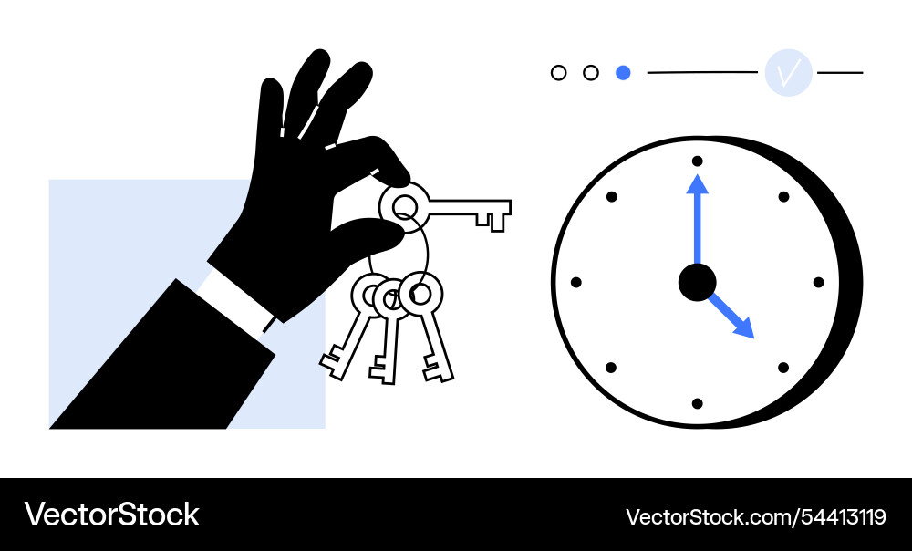 Hand holding keys next to clock representing time Hand holding keys next to clock representing time vector image