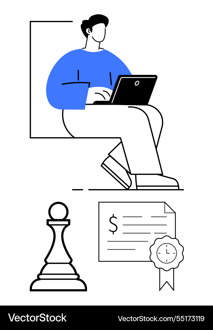 Man working on laptop with certificate and chess Vector Image