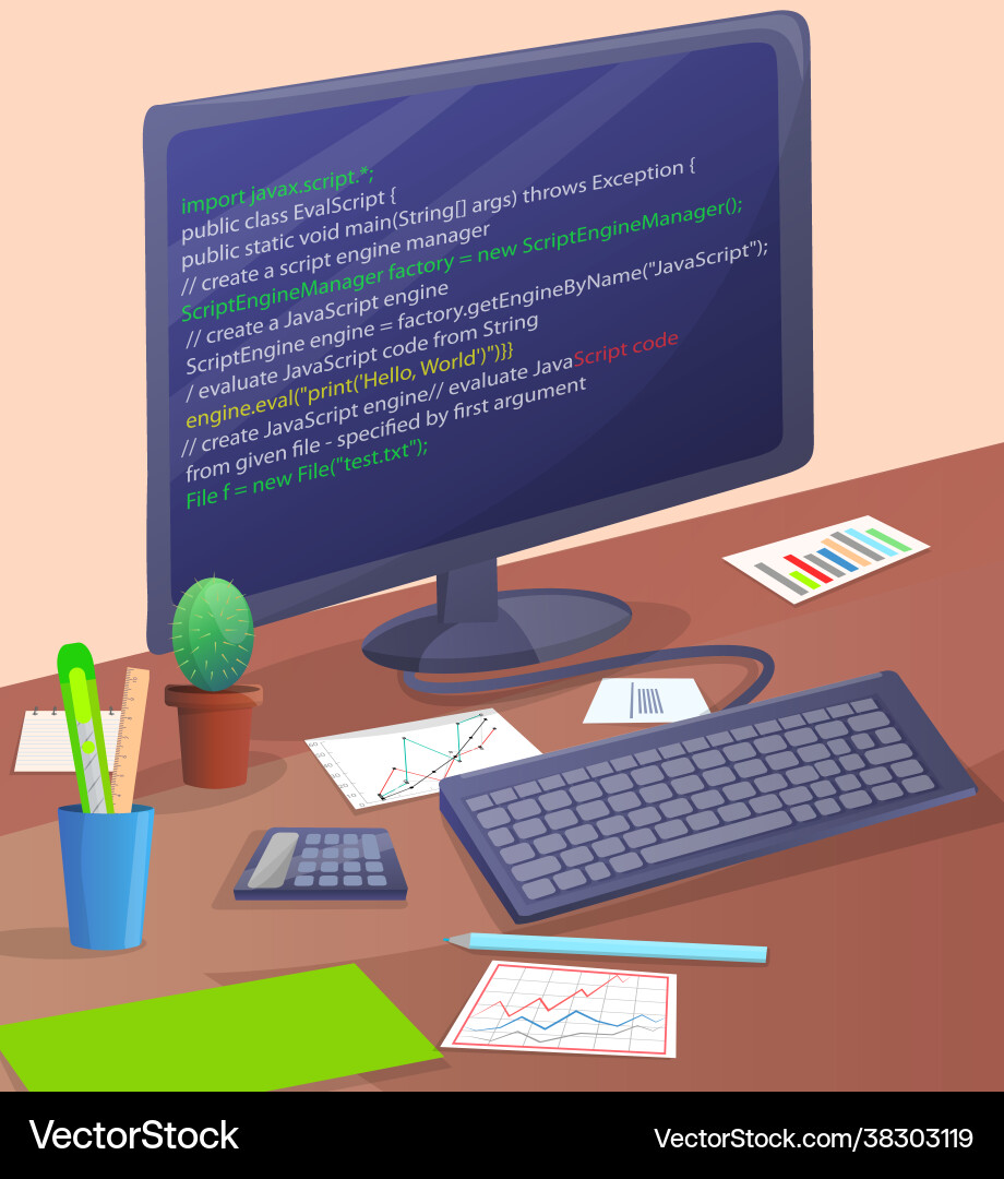Workplace office worker programmer with code Workplace office worker programmer with code vector image