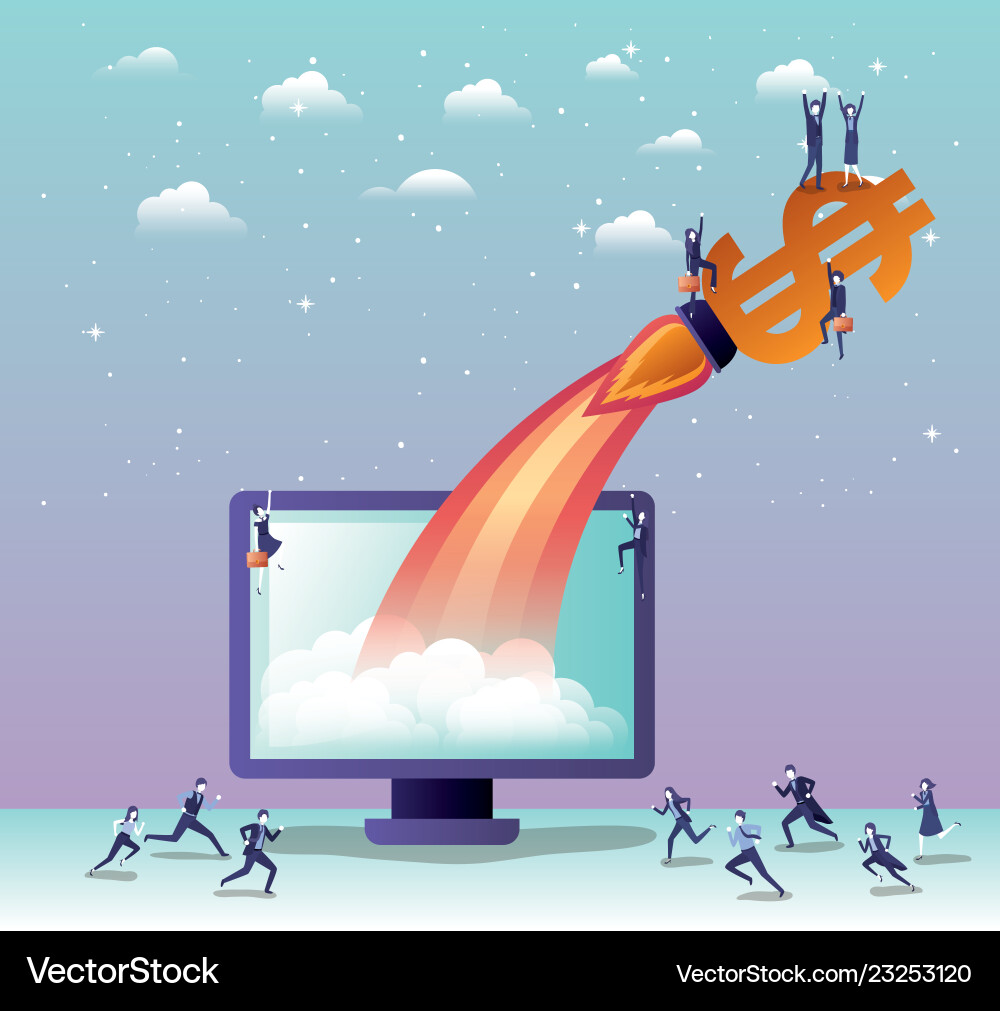 Rocket start up with desktop computer Rocket start up with desktop computer vector image