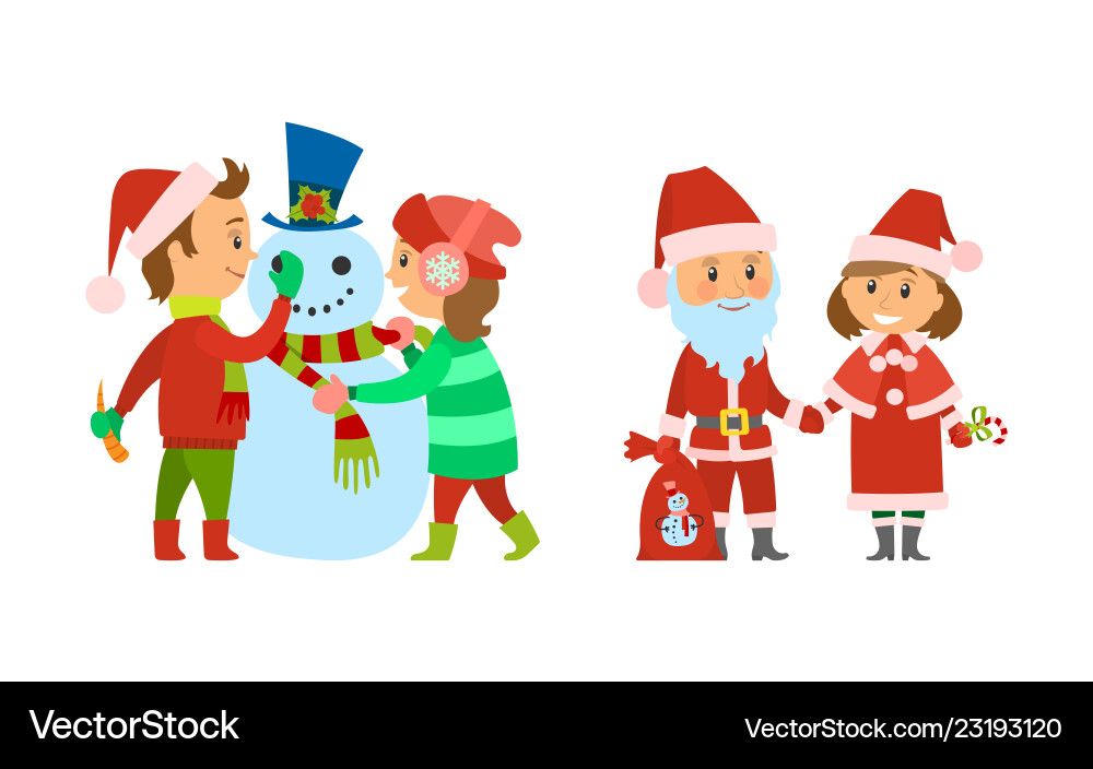 Santa claus with presents bag and female helper Santa claus with presents bag and female helper vector image