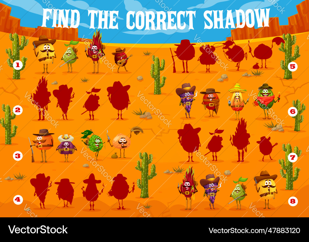 Shadow matching game cowboy fruit characters task Shadow matching game cowboy fruit characters task Vector Image