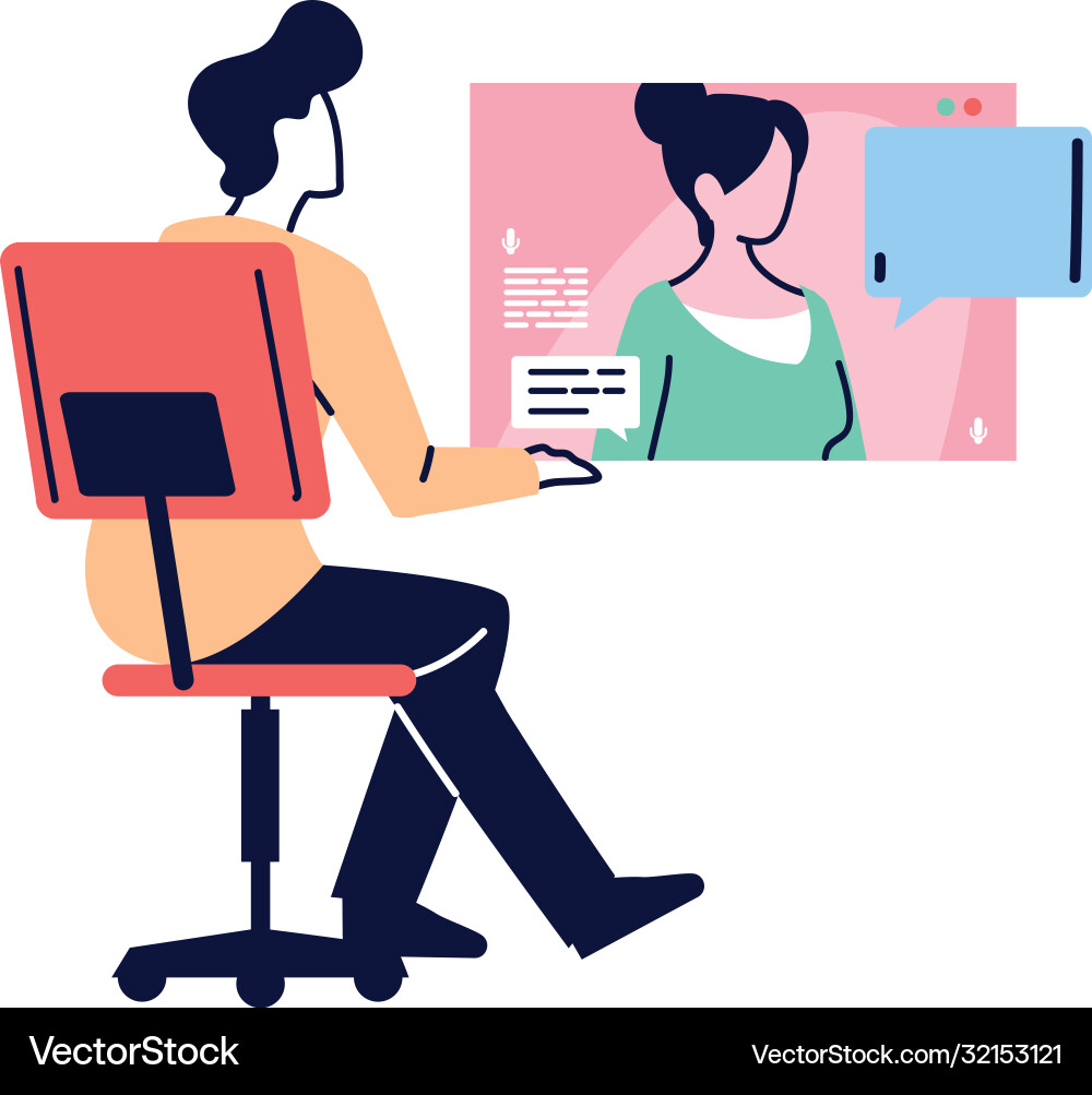 Man at desk having a video call with another Man at desk having a video call with another Vector Image