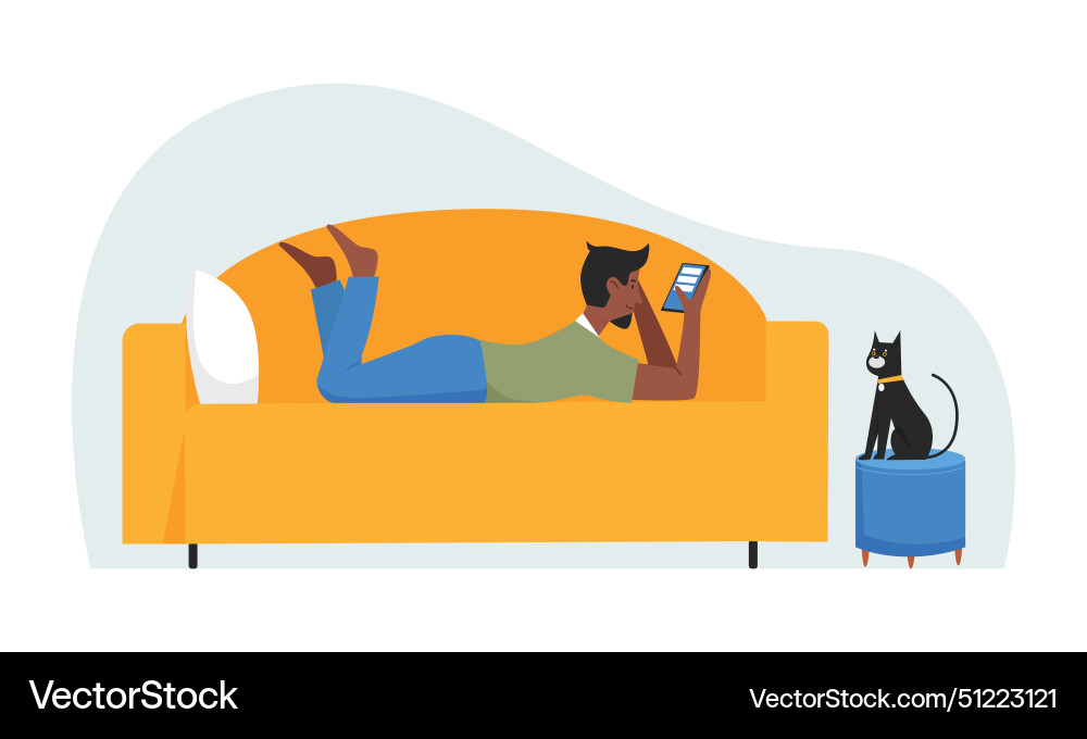 Man lying on sofa at home person using mobile Man lying on sofa at home person using mobile vector image