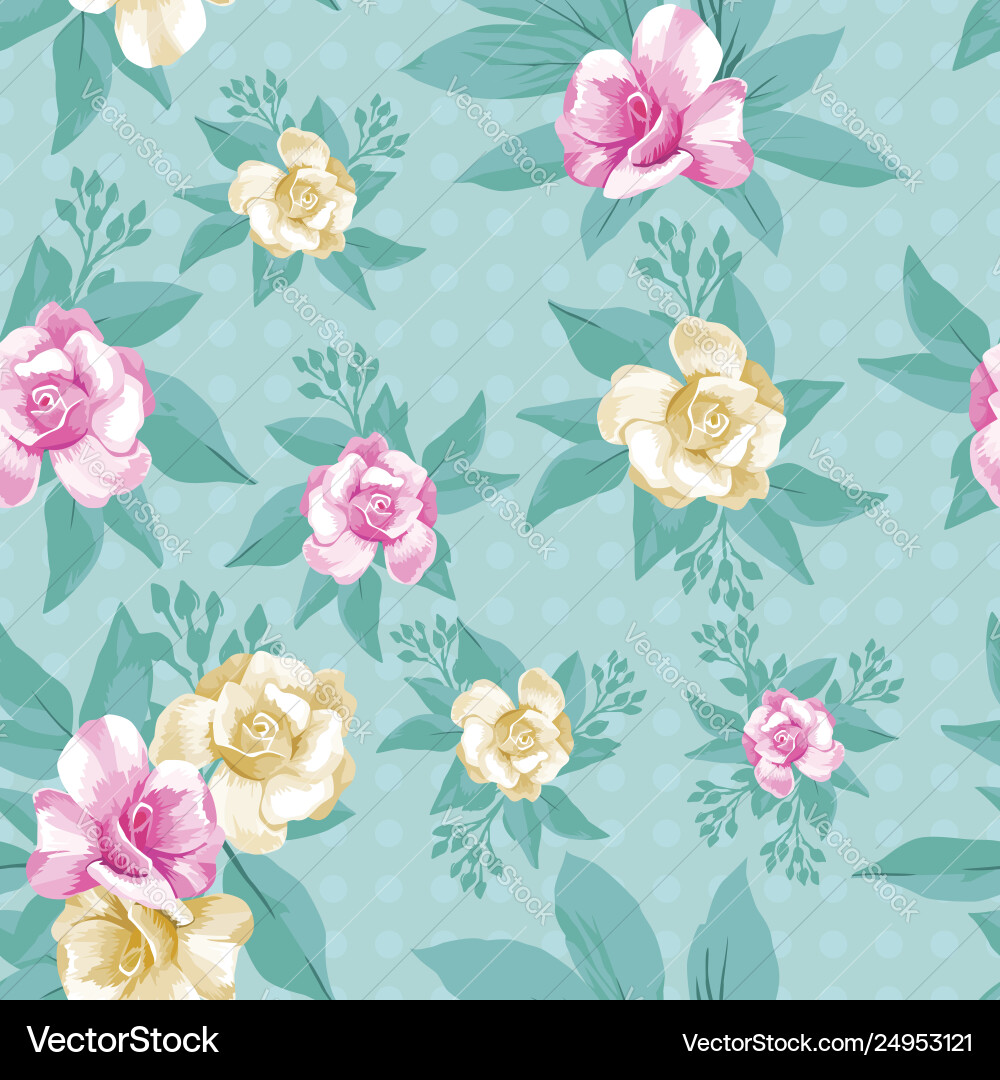 Pink yellow rose leaves seamless pattern mint Pink yellow rose leaves seamless pattern mint vector image