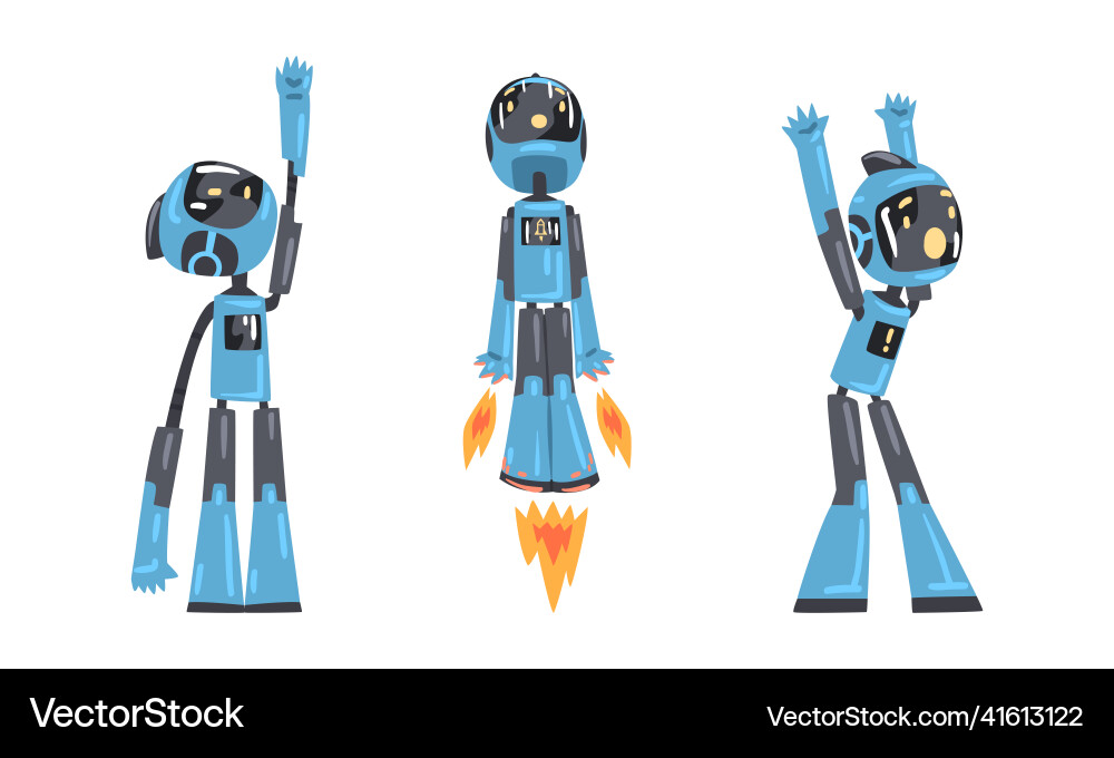 Cute funny robot androids in action set Cute funny robot androids in action set vector image