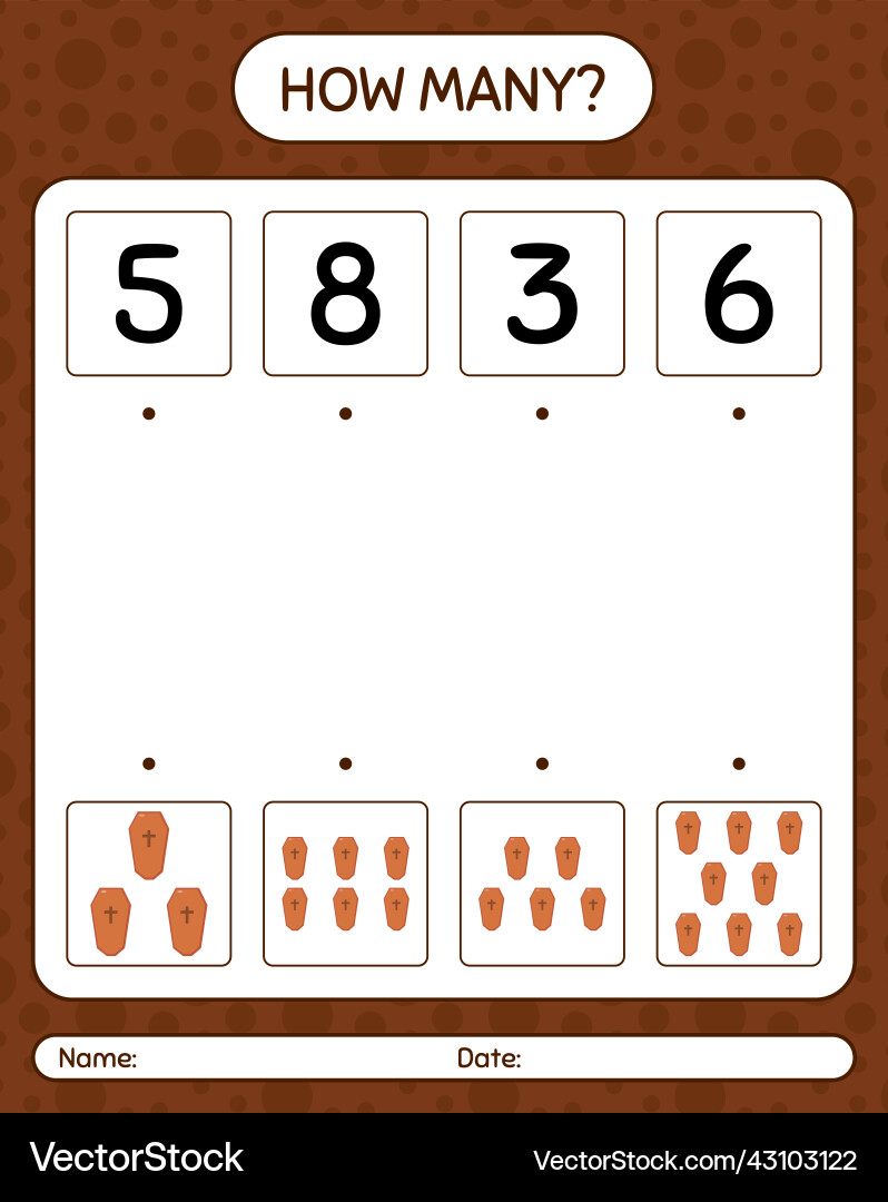 How many counting game with coffin worksheet How many counting game with coffin worksheet vector image