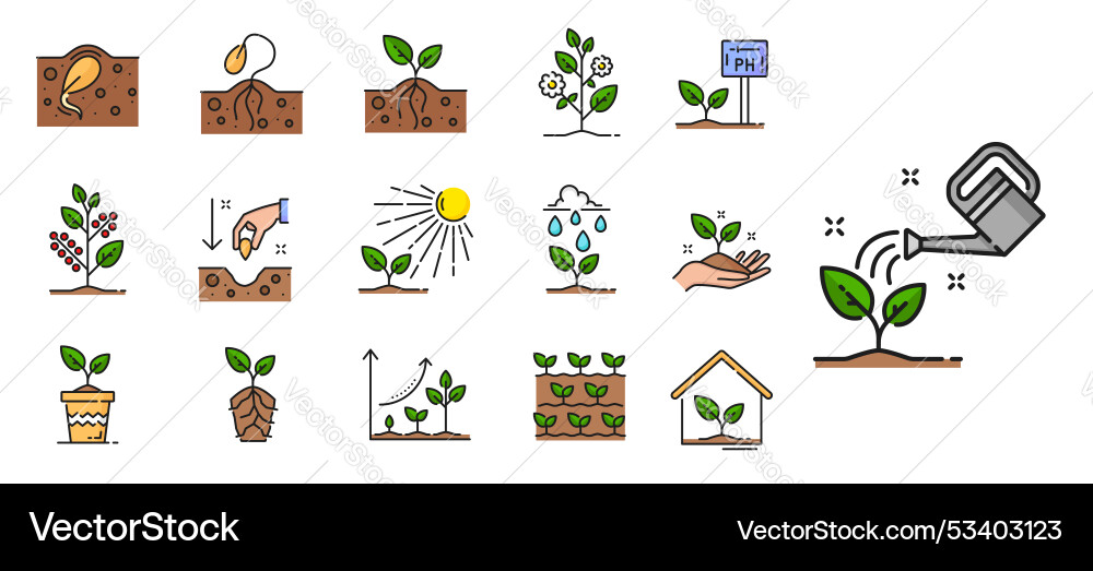 Plant sprout line icons soil seed sprig leaves Plant sprout line icons soil seed sprig leaves vector image