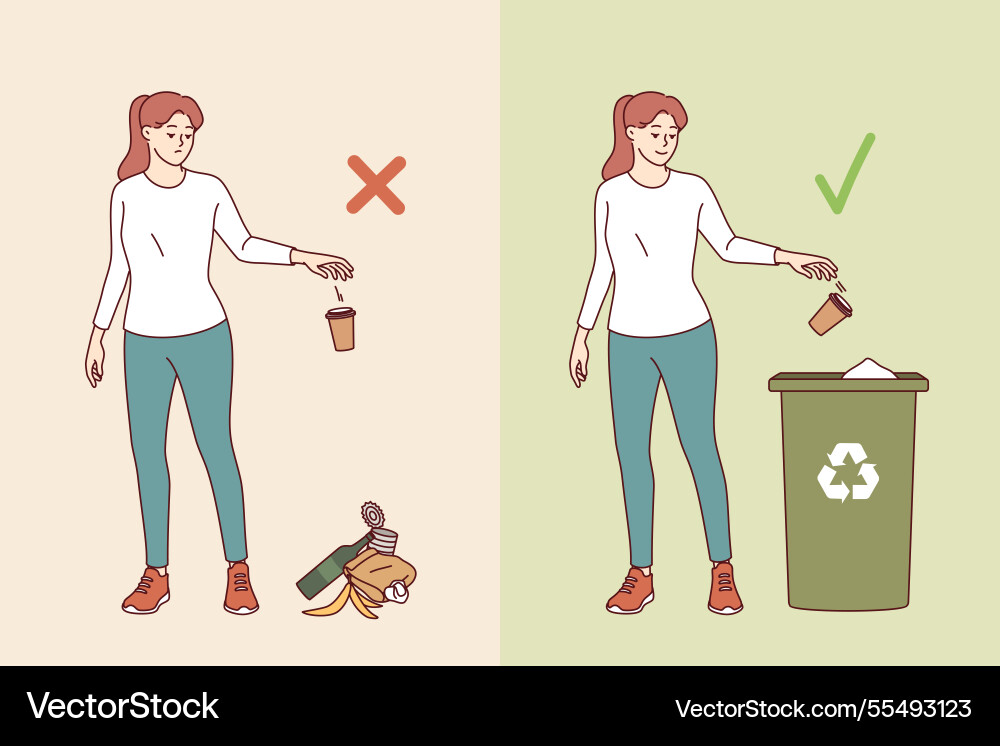 Woman throwing garbage on ground or in trash can Vector Image