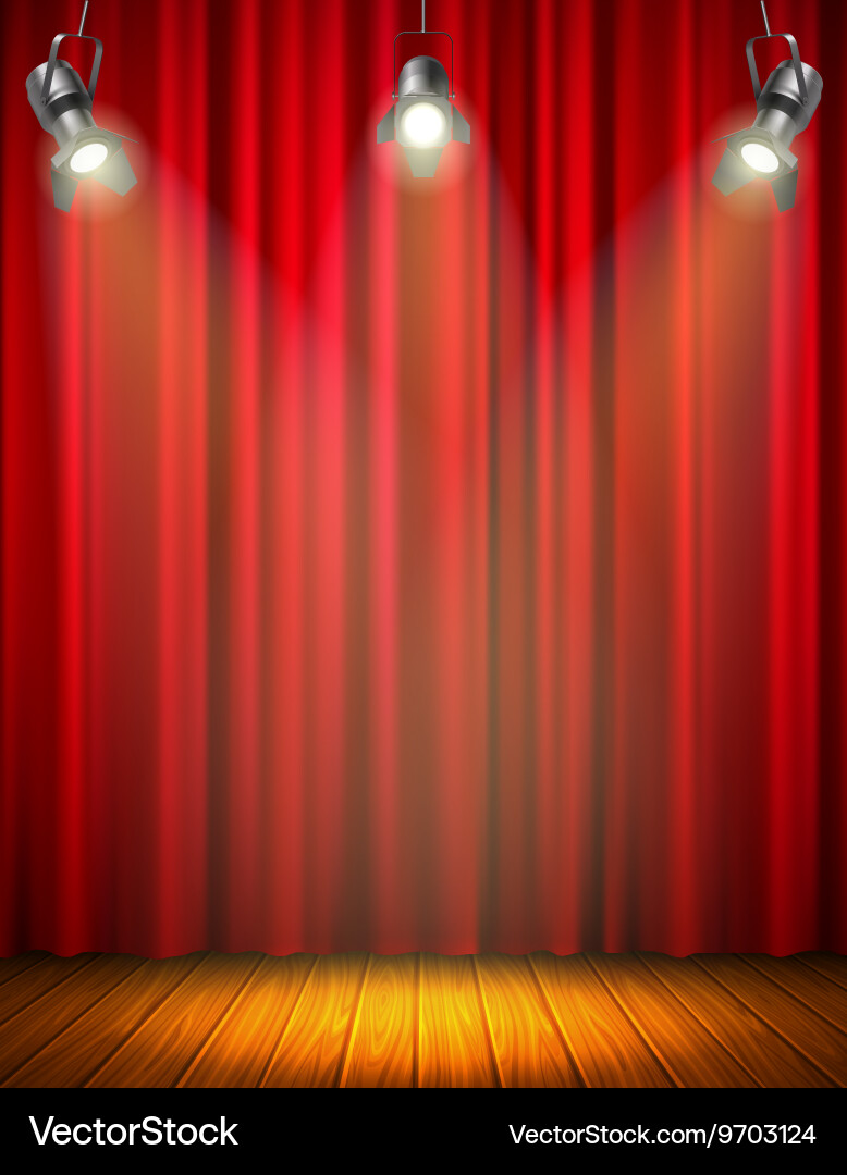 Illuminated empty stage with red curtain vector image