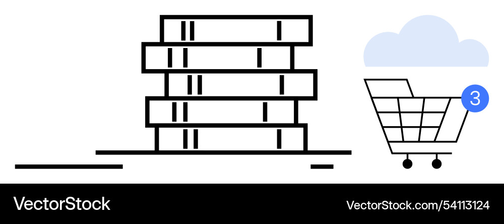 Stack of books and shopping cart with notification Stack of books and shopping cart with notification Vector Image
