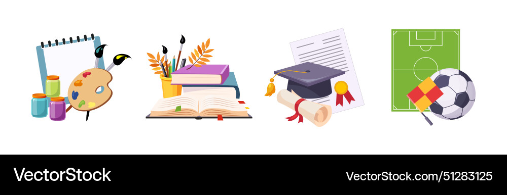 Back to school item and object composition Back to school item and object composition Vector Image