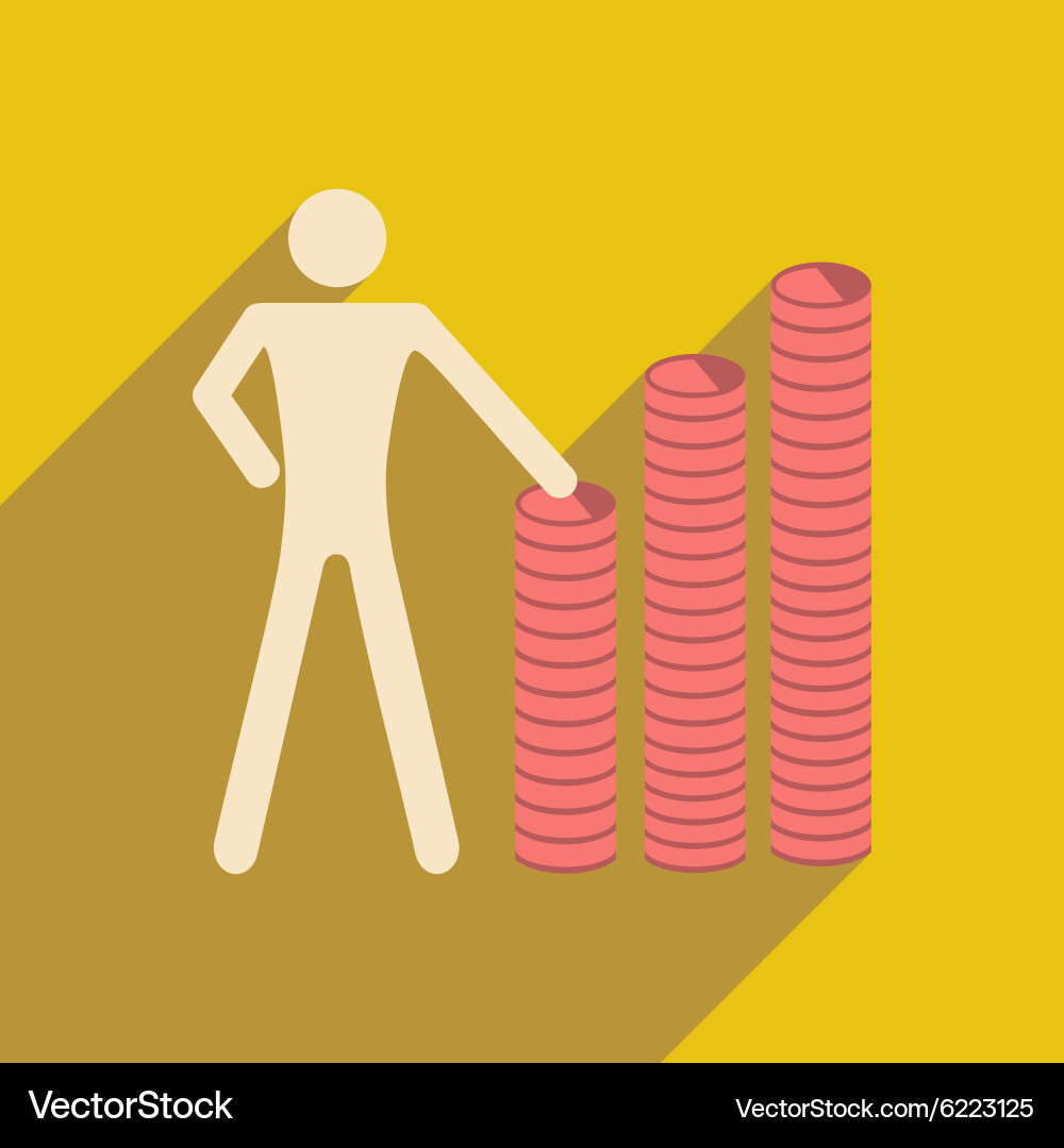 Flat with shadow icon man and stack of coins vector image