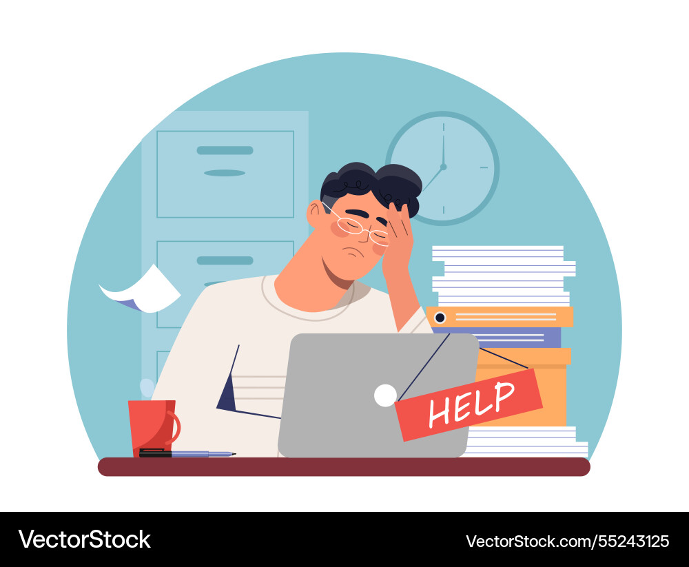 Overworked man seeking help Overworked man seeking help vector image