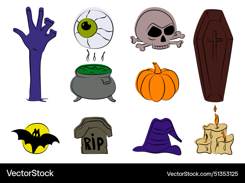 Set of halloween related objects and creatures Set of halloween related objects and creatures Vector Image