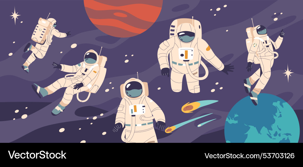 Group of astronauts floating in space surrounded Group of astronauts floating in space surrounded vector image