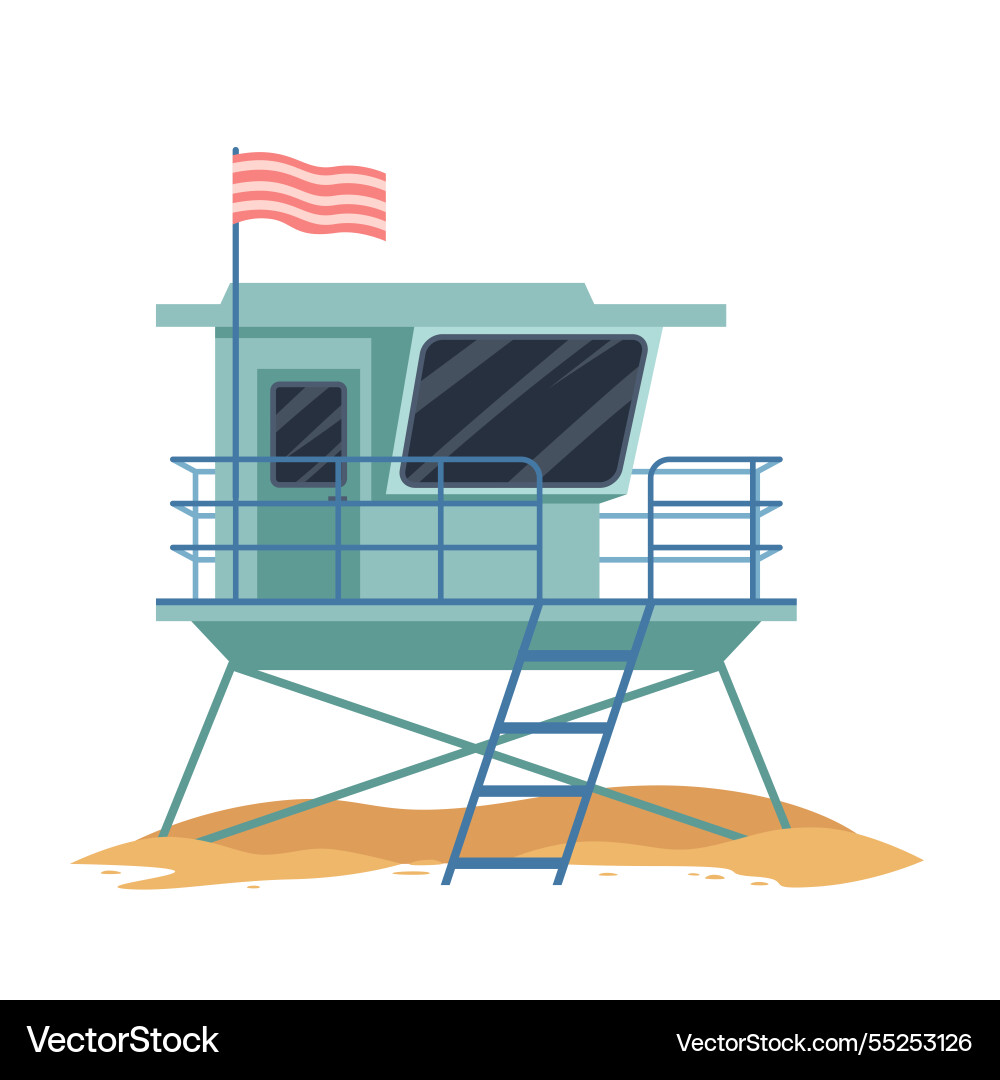 Lifeguards blue tower with flag on metal pole Lifeguards blue tower with flag on metal pole vector image